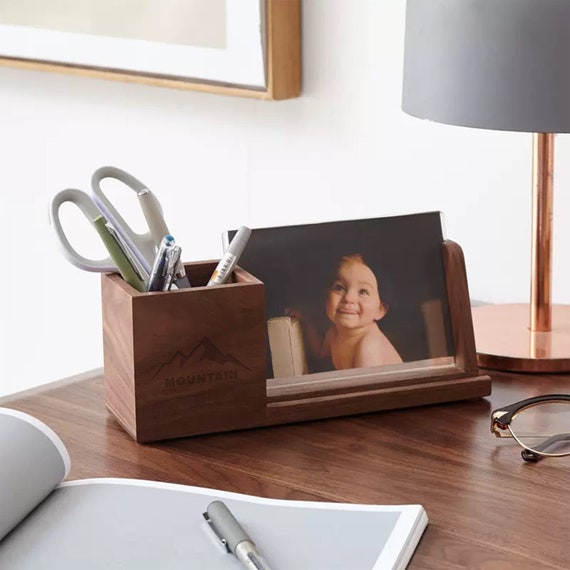 Personalized Pen Holder Photo Frame, Wood Desk Organizer with Phone Stand, Pencil Cup, Custom Office Organizer, Gift for Graduation, Team