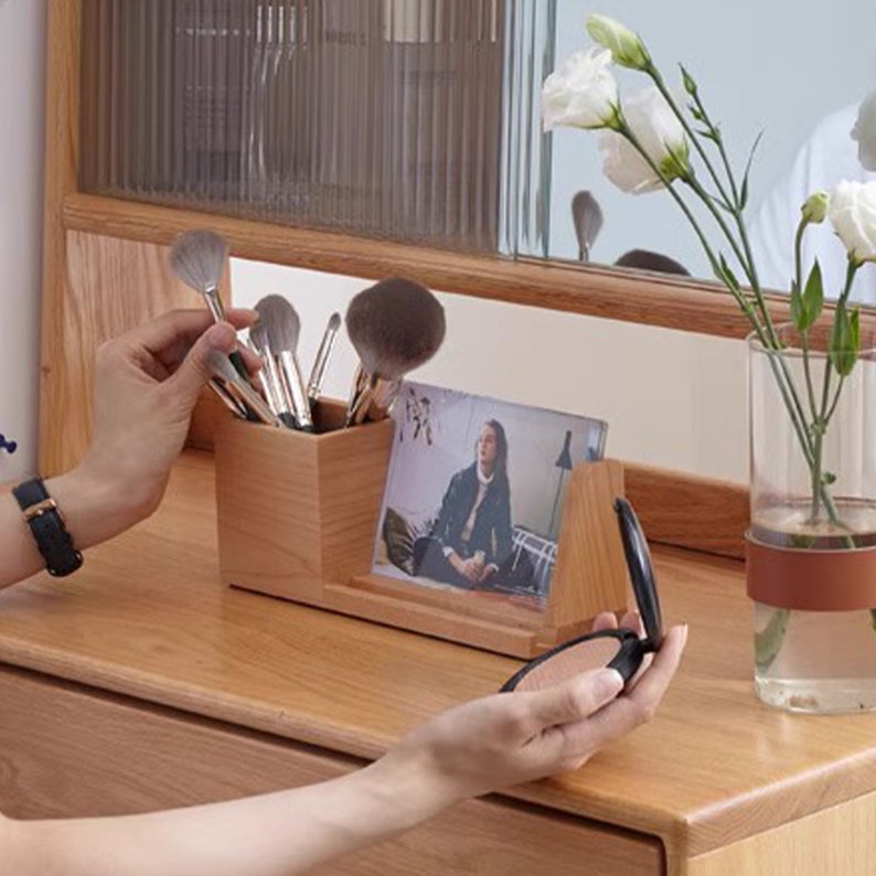 Personalisierter Stifthalter-Fotorahmen, Holz-Schreibtisch-Organizer mit Telefonständer, Bleistiftbecher, individueller Büro-Organizer, Geschenk für Abschlussfeier, Team Bild 2