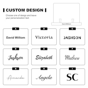 May include: Image features a customizable design template with the text "CUSTOM DESIGN". It includes options for personalization with names like David Williom, Victoria, Jashson, Elizabeth, Mathew, Amanda, Angela, and initials "SC".