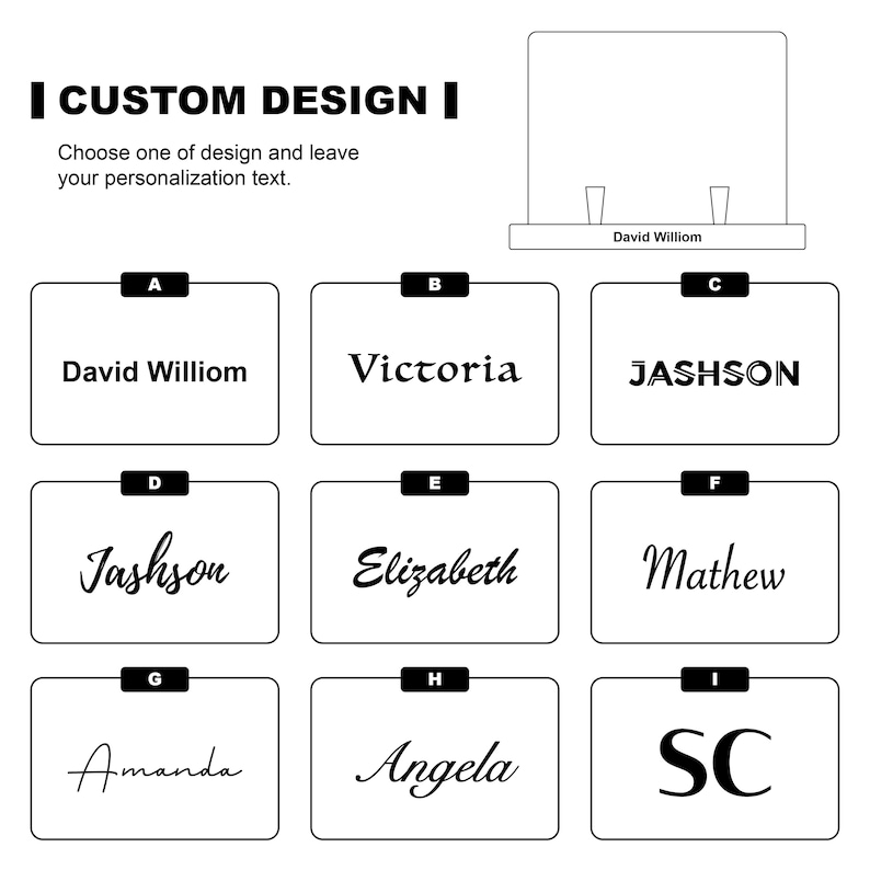 May include: Image features a customizable design template with the text "CUSTOM DESIGN". It includes options for personalization with names like David Williom, Victoria, Jashson, Elizabeth, Mathew, Amanda, Angela, and initials "SC".