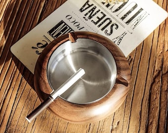 Walnut Wood Ashtray with Silver Ash Catcher, Cigarette Ashtray with 3 Holder Slots, Husband & Fathers Gift