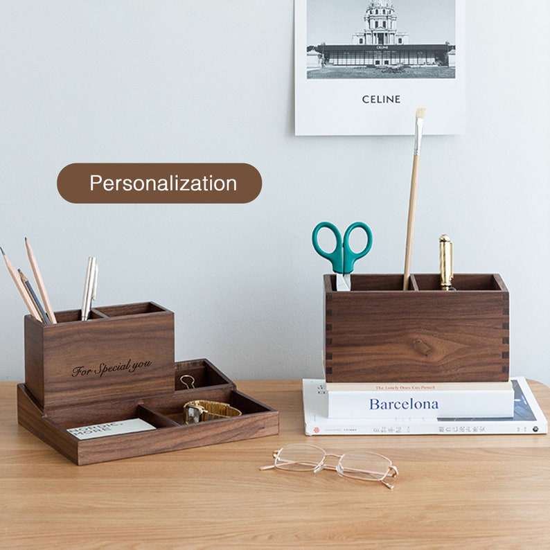 Personalized Premium Walnut Desk Organizer with Multi-Compartments Storage, Desktop Office Organizer for Stationery and Accessories image 5