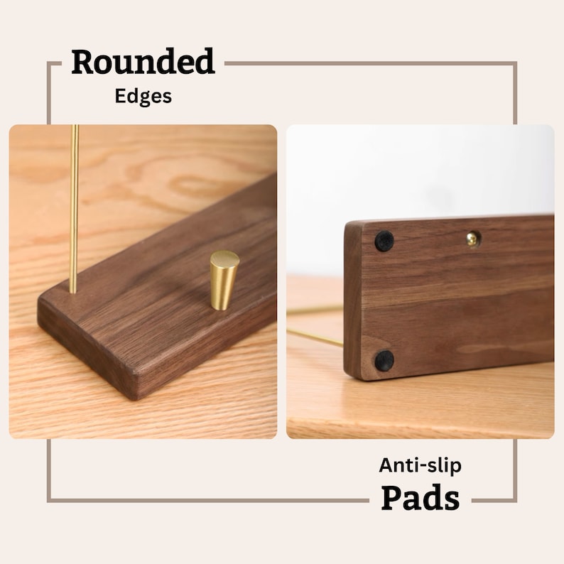 May include: A wooden desk organizer with rounded edges and brass accents. The organizer has a dark brown finish and includes anti-slip pads on the bottom. The text "Rounded Edges" and "Anti-slip Pads" are visible.
