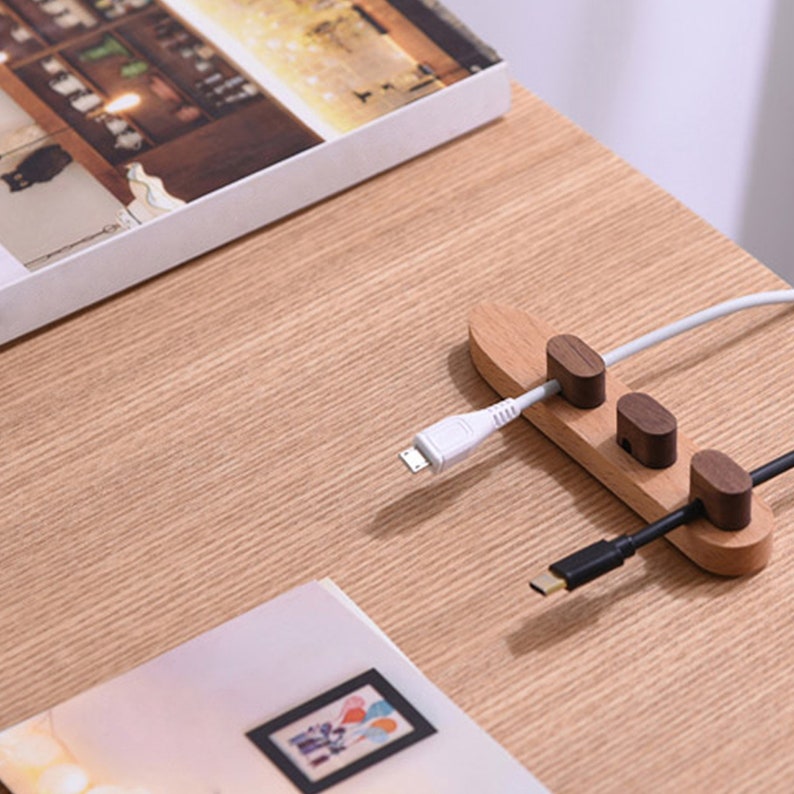 Personalized Wooden Cable Organizer, Magnetic Cable Holder, Cord Management System, Desk Organizer for Charging Cables image 3