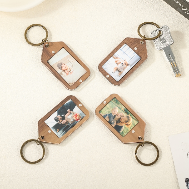 Personalized Walnut Wood Keychain with Photo Frame and Custom Message, Drive Safe Keychain, Memorial Keychain Sets for Gift image 6