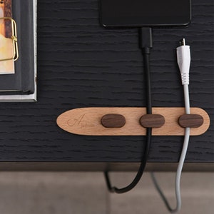 Personalized Wooden Cable Organizer, Magnetic Cable Holder, Cord Management System, Desk Organizer for Charging Cables image 2