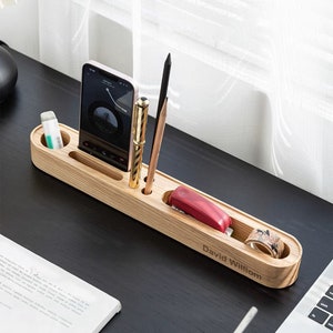 Personalized Premium Wood Desktop Organizer with Phone Stand, Stylish and Versatile Desk Storage, Desk decor, New Office Gift image 2
