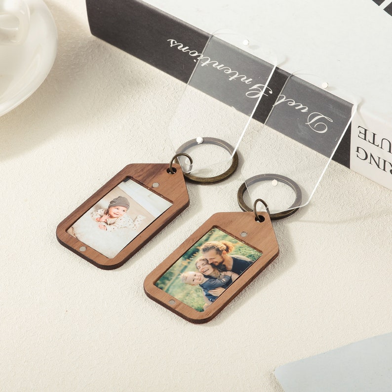 Personalized Walnut Wood Keychain with Photo Frame and Custom Message, Drive Safe Keychain, Memorial Keychain Sets for Gift image 2