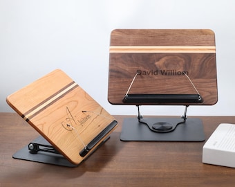 Personalized Wooden Book Stand for Reading - Height & Angle Adjustable,Swivel Base, Hidden Elastic Page Clips, Carbon Steel Bracket