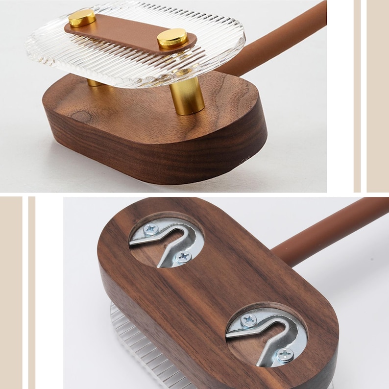 Pu&ograve; includere: Un apribottiglie in legno con una parte superiore in vetro trasparente strutturato e dettagli in ottone. L'apribottiglie ha un manico marrone e una base in legno scuro. Il design &egrave; moderno e minimalista.