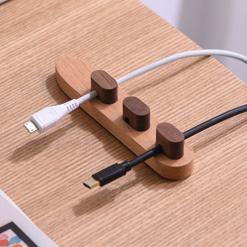 Personalized Wooden Cable Organizer, Magnetic Cable Holder, Cord Management System, Desk Organizer for Charging Cables image 1