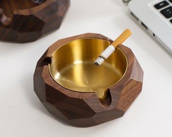 Solid Walnut Cigarette Ashtray, Unique Platonic Ash Tray with Gold Ash Catcher, Indoor & Outdoor Decorative Ashtray, Gift for Him