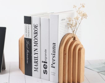 Wooden Bookends for Shelves, Pair of Bookends Stopper, Unique Desk Book End For Heavy Duty Book