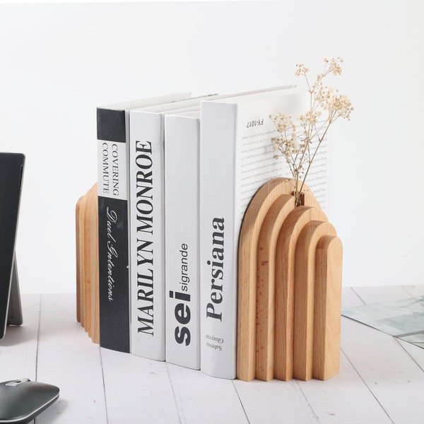 Wooden Bookends for Shelves, Pair of Bookends Stopper, Unique Desk Book End For Heavy Duty Book