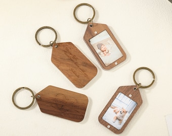 Personalized Walnut Wood Keychain with Photo Frame and Custom Message, Drive Safe Keychain, Memorial Keychain Sets for Gift