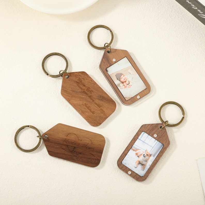 Personalized Walnut Wood Keychain with Photo Frame and Custom Message, Drive Safe Keychain, Memorial Keychain Sets for Gift image 1