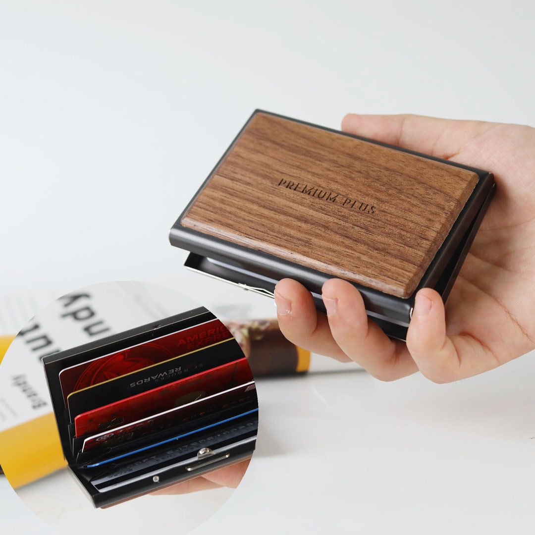 Personalized Card Holder, Wooden Card Case, Minimalist Blocking Card Wallet for Men, Popup/flip