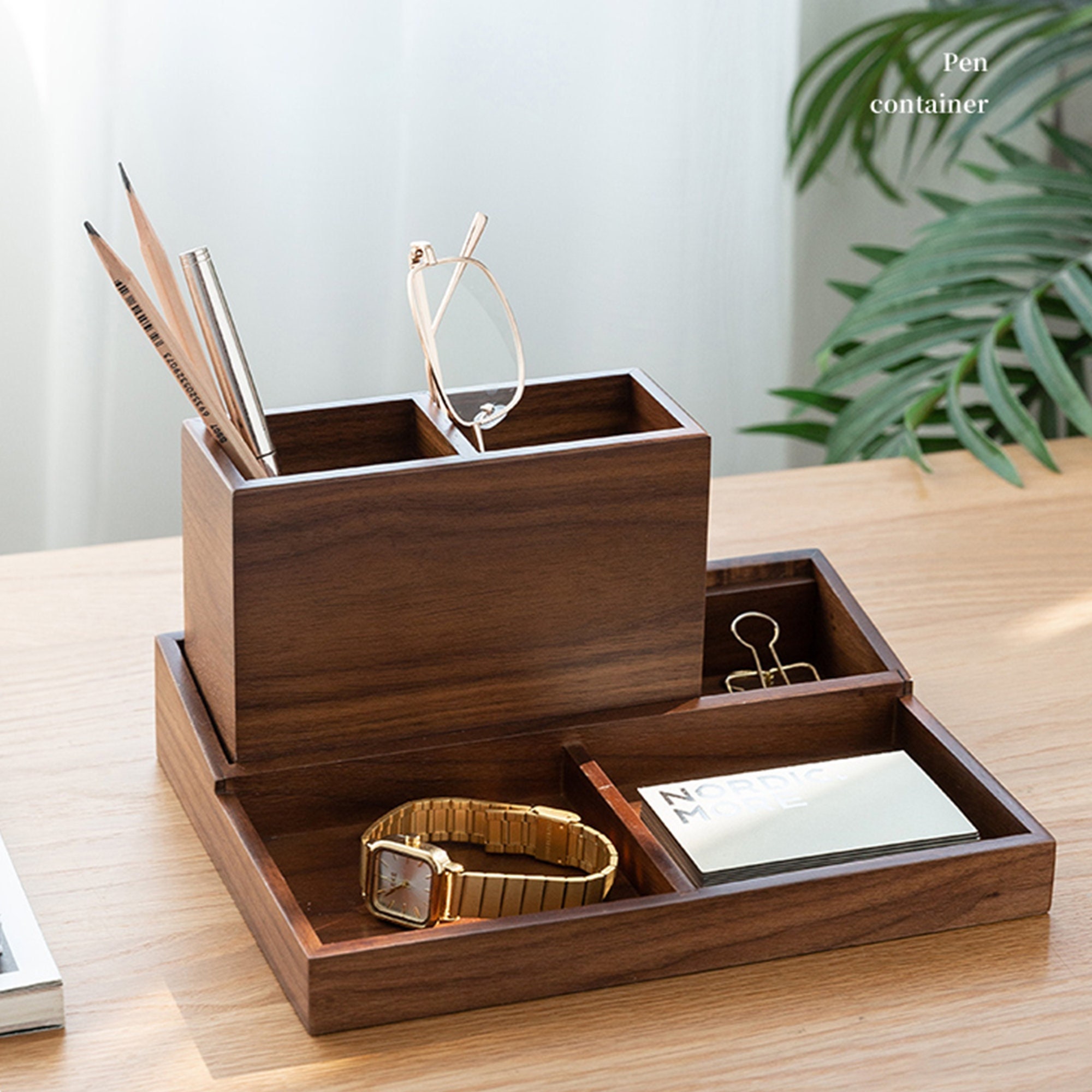 Personalized Premium Walnut Desk Organizer With Multi-compartments Storage,  Desktop Office Organizer for Stationery and Accessories 