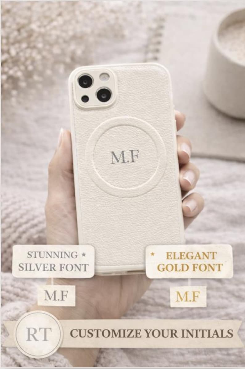 May include: Cream-colored phone case with a textured finish, featuring the initials "M.F." in a silver font within a circular design. The case has a camera module and is shown with text that says "Customize Your Initials."
