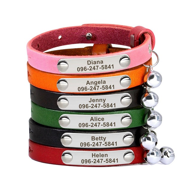 Lederen kattenhalsband met aangepaste naam gepersonaliseerde kattenhalsband met gegraveerde ID-tag - aangepaste kattenhalsband met bel