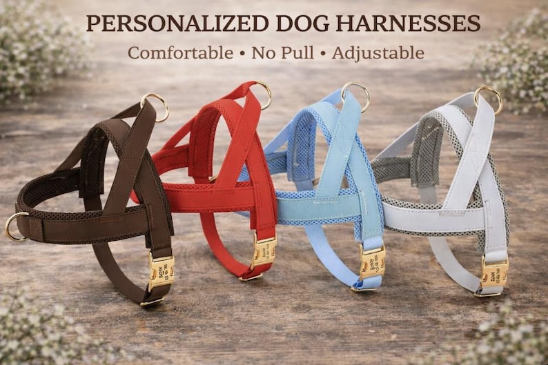 May include: Four personalized dog harnesses in brown, red, light blue, and white. Each harness has gold-colored metal hardware and is labeled "Personalized Dog Harnesses". The text also says "Comfortable, No Pull, Adjustable".
