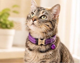 Collar reflectante personalizado para gatos con cascabel, collar personalizado para cachorros