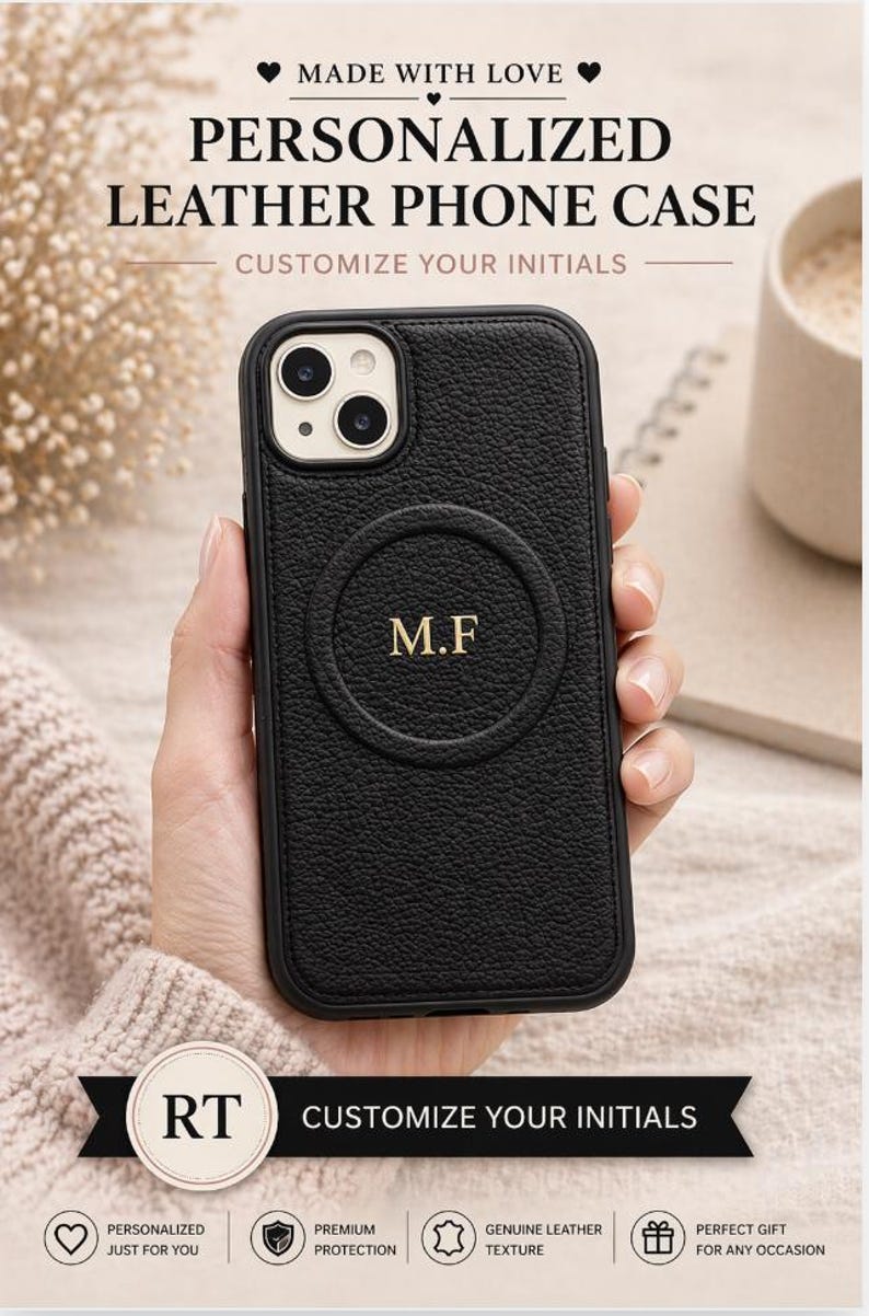 May include: Black leather phone case with the initials "M.F" in gold. The case has a textured surface and is designed to be personalized. The text "PERSONALIZED LEATHER PHONE CASE" is displayed at the top.