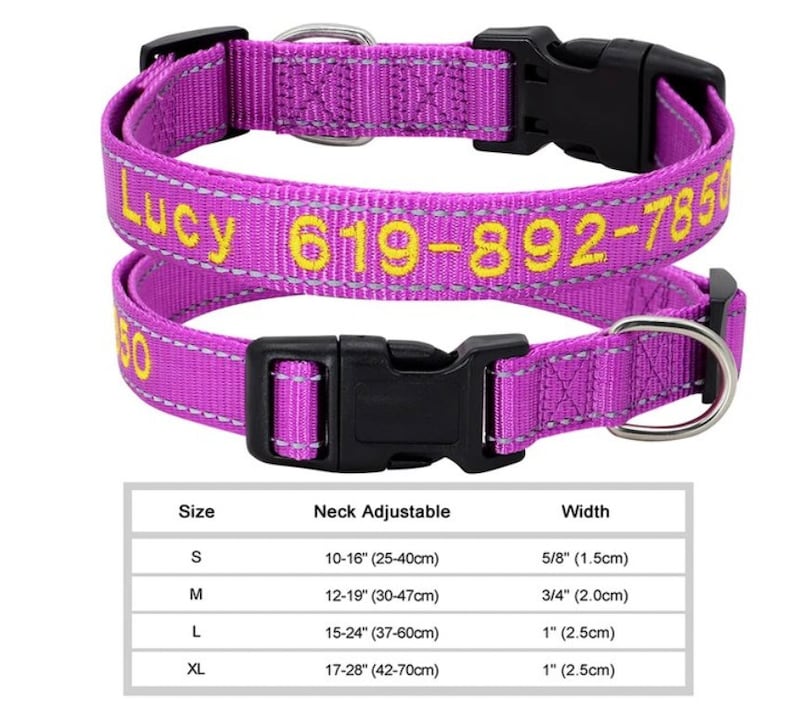 Reflective Dog Collar, Personalized Dog Collar, Reflective Dog Collar with embroidered Name, Custom Dog Collar, Durable Dog Collar Purple