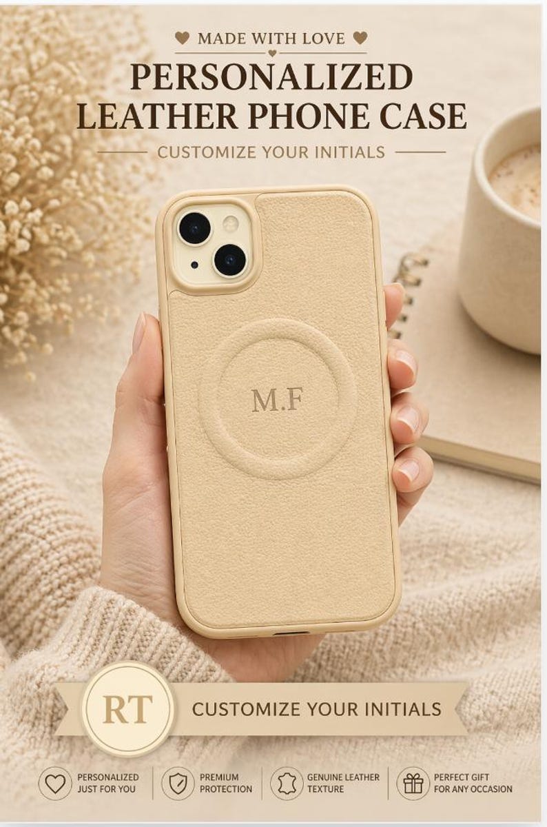 May include: A beige leather phone case with the initials "M.F" embossed on the back. The case is designed to be personalized and features the text "PERSONALIZED LEATHER PHONE CASE" and "CUSTOMIZE YOUR INITIALS".