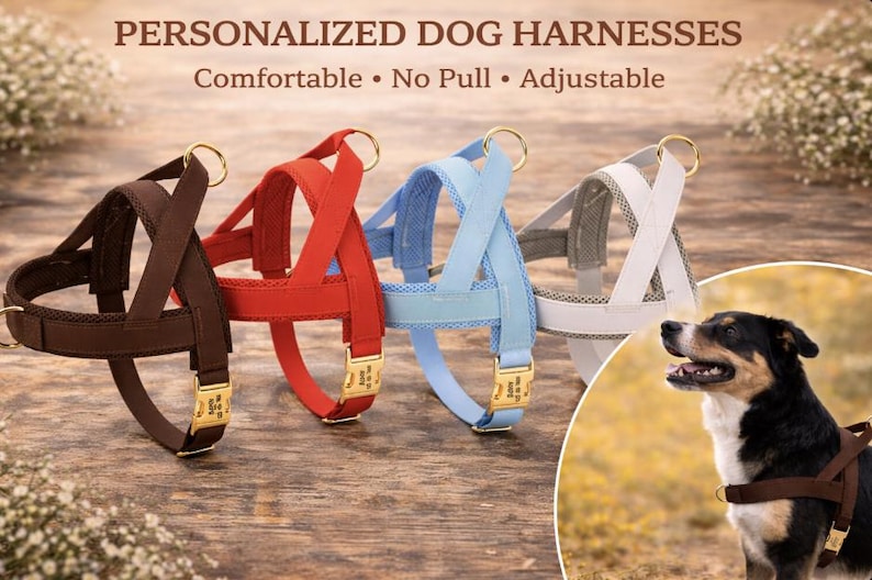 Personalized Padded Dog Harness, No Pull, Adjustable, Engraved Collar image 3