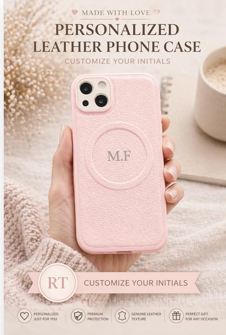 May include: A light pink personalized leather phone case with the initials "M.F" in a circular design. The case has a textured surface and the text "PERSONALIZED LEATHER PHONE CASE" is visible. The case is designed to be customized.