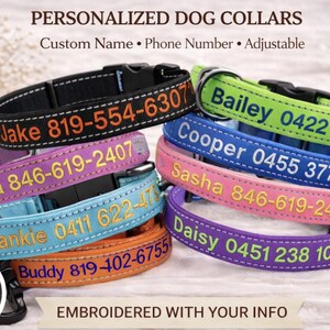 May include: A selection of personalised dog collars in colours such as black, purple, blue, pink, green, and orange. Each collar is embroidered with a dog's name and a phone number. The collars are adjustable and have a black buckle.