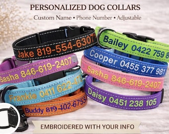Collar personalizado para perro, nombre y número de teléfono bordados, collar reflectante duradero para mascotas.