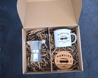 Koffieset voor in een camper – Emaille mokken met kurken onderzetters – Cadeau voor camperaars – Koffieset voor op de camping