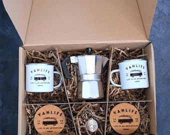Conjunto de Café Vanlife – Canecas de Esmalte com Descansos de Cortiça – Presente para Campistas – Kit de Café para Camping – Para duas pessoas