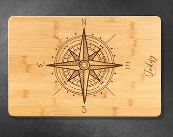Tábua de corte de bambu com gravação a laser personalizada, presente para amantes de RV e Vanlife - Compass Rose