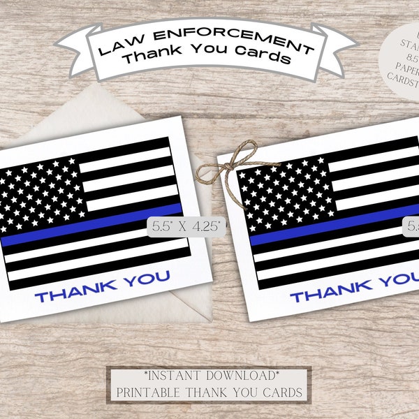 Thank You Cards for Police, Law Enforcement, Sheriff, Public Safety Officials, Thin Blue Line, Digital Printable, PDF, JPG, 2 cards/sheet