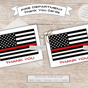 Cartes de remerciement pour les pompiers, pompiers, appréciation, fine ligne rouge, impression numérique, PDF, JPG, 2 cartes/feuille