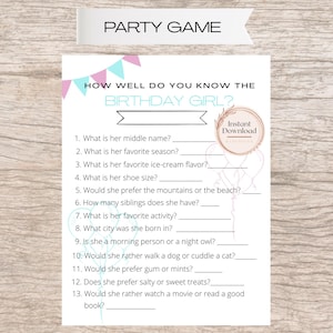Birthday Party Game: &quot;How well do you know the Birthday Girl?&quot; Fun Quiz, Instant Download, PDF in 8.5&quot;x11&quot; size