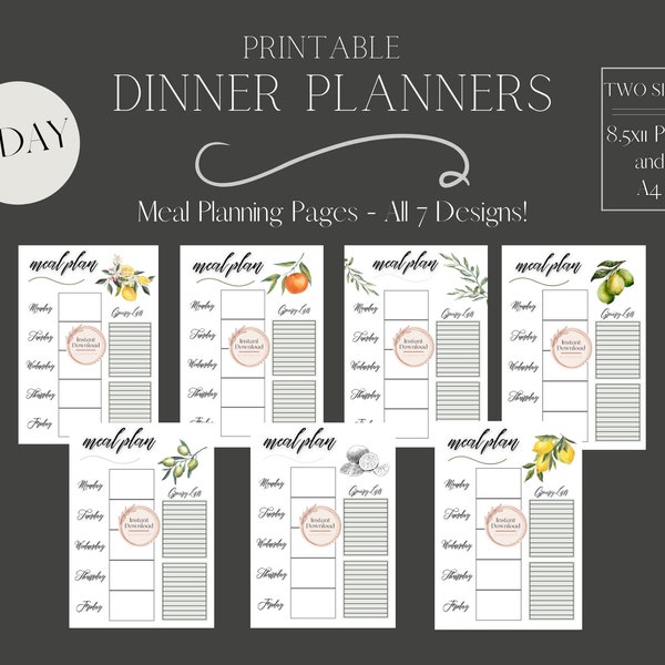 Meal (Dinner) Planning Pages, 5-day, Meal Prep, Organization, Planner, Citrus, Lemon, Lime, Orange, Grapes, Leaves PDF, Instant Download
