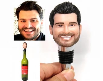 Tappo per bottiglia di vino personalizzato con volto, scultura in polimero realizzata a mano, accessorio personalizzato per bottiglie di vino