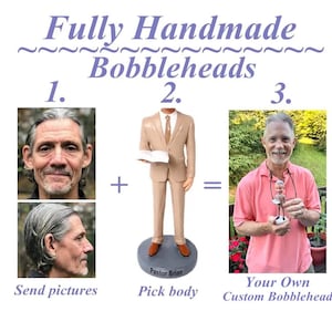 Könnte beinhalten: Ein Diagramm, das zeigt, wie man eine benutzerdefinierte Wackelfigur erstellt. Der erste Schritt ist das Senden von Bildern. Der zweite Schritt ist die Auswahl eines Körpers. Der dritte Schritt ist die Kombination der beiden, um eine benutzerdefinierte Wackelfigur zu erstellen. Das Bild zeigt den Kopf eines Mannes, den Körper eines Mannes im Anzug und eine fertige Wackelfigur.