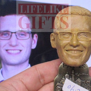 Pu&ograve; includere: Una statuetta bobblehead sorridente di un uomo con gli occhiali, con un viso e capelli dettagliati. La base della statuetta ha un design di paesaggio urbano e la parola "PARIS". Sullo sfondo c'&egrave; una foto di un uomo con gli occhiali.