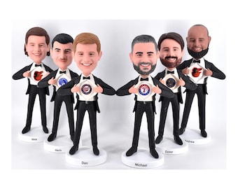 Team bobbleheads, groomsmen bobbleheads, custom bobbleheads with sports logos, graduation gifts for classmates, fun company party gift ideas