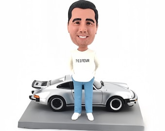 Custom Bobblehead with 911, Handmade car guy figurine from picture with sports car, Birthday/retirement gift for him, office/home decor