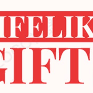 May include: The image features the text "LIFELIKE GIFTS" in a bold, red font against a white background. The word "LIFELIKE" is in a rectangular box above the word "GIFTS". The overall design is simple and eye-catching.