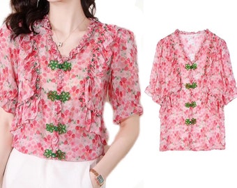 2023 Sommer| Perlen chinesisches Froschknopf kleines florales Shirt|Rüsche duftendes Cloud Top|Rosa Bluse mit Blumenmuster |Seidenhemd mit Agaric Rand
