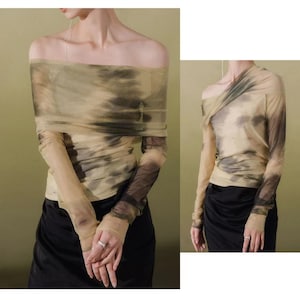 Women's artistic mesh top | Tie-dyed mesh off-shoulder long-sleeve holiday top| multiple wearing methods|Tie dyed mesh top