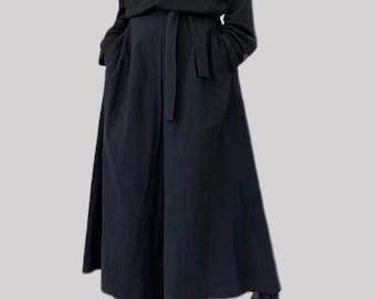 Unisex Black flare culottes|Yamamoto wide leg pants with ribbon decoration||cool soft harem pant| hakama pants| Black Culotte Pants