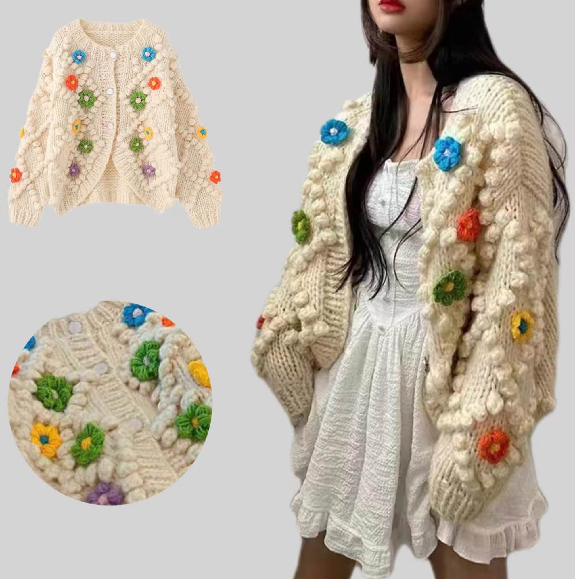 m L Kleding Dameskleding Sweaters Vesten jas Vintage kleurrijke wol handgebreide open vest 